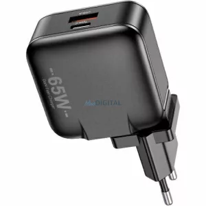 AWEI PD55-EU 65 W-os USB + USB-C-s töltő, fekete, GaN