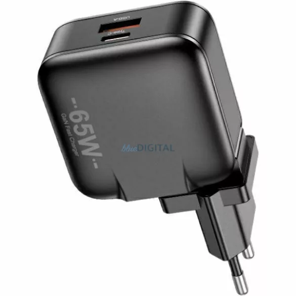 AWEI PD55-EU 65 W-os USB + USB-C-s töltő, fekete, GaN