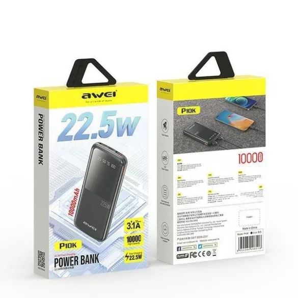 AWEI P10K PowerBank 10000 mAh 22.5W - fekete