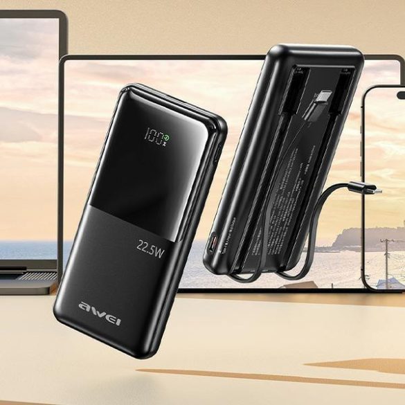 AWEI P76K PowerBank 10000 mAh 22.5 W digitális kijelzővel - fekete