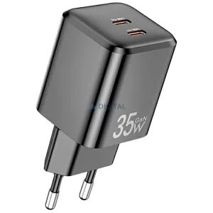 AWEI PD65-EU 35 W-os, 2x USB-C-vel ellátott, fekete GaN-töltő