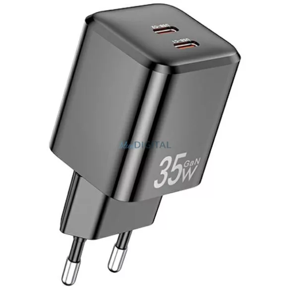 AWEI PD65-EU 35 W-os, 2x USB-C-vel ellátott, fekete GaN-töltő