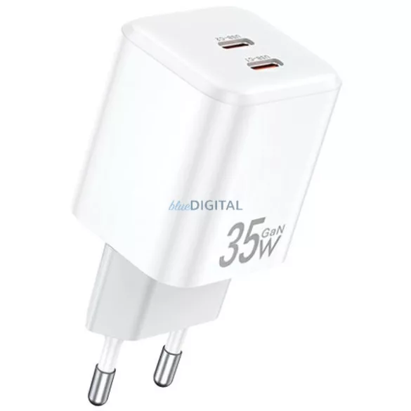 AWEI PD65-EU 35 W-os, 2x USB-C-vel ellátott, fehér GaN-töltő