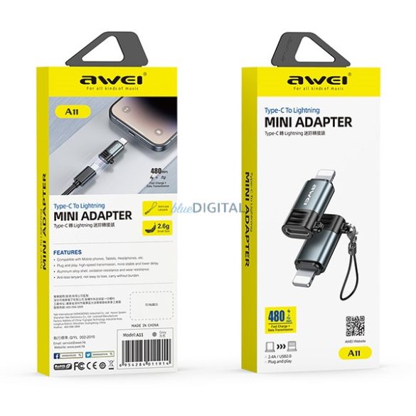 AWEI A11 Lightning - Type-C adapter - szürke