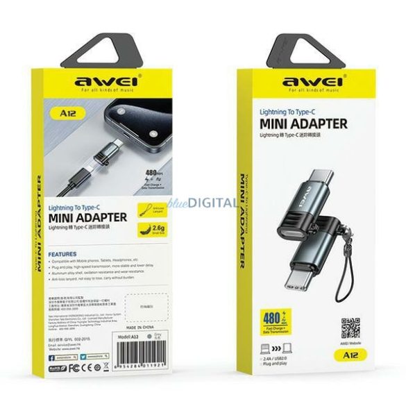 AWEI A12 Type-C - Lightning adapter - szürke