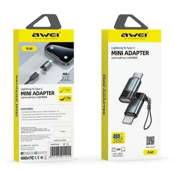 AWEI A12 Type-C - Lightning adapter - szürke