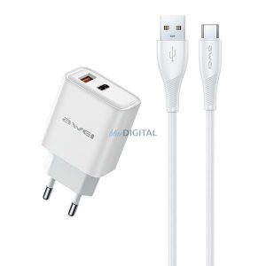 AWEI PD81T-EU hálózati töltő 1xUSB-A és 1xUSB-C csatlakozással és USB-A - Type-C kábellel 22,5W GaN - fehér