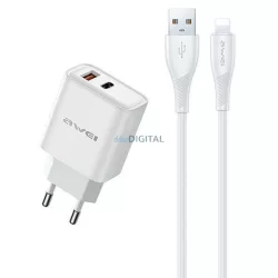   AWEI PD81L-EU 22,5 W-os hálózati töltő + USB-kábel + Lightning, fehér, GaN