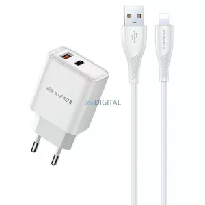 AWEI PD81L-EU 22,5 W-os hálózati töltő + USB-kábel + Lightning, fehér, GaN