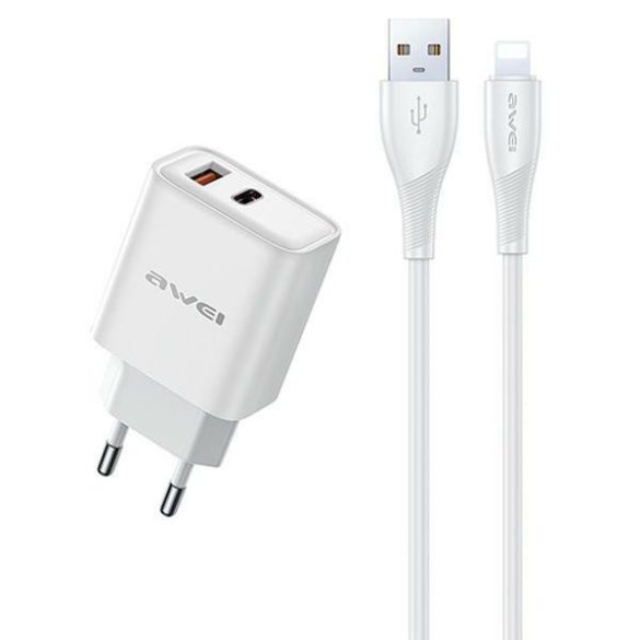 AWEI PD81L-EU hálózati töltő 1xUSB-A és 1xUSB-C csatlakozással és USB-A - Lightning kábellel 22.5W GaN - fehér