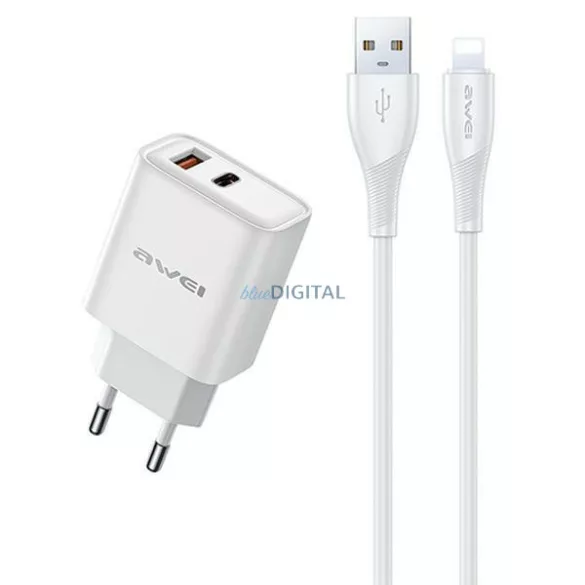 AWEI PD81L-EU 22,5 W-os hálózati töltő + USB-kábel + Lightning, fehér, GaN