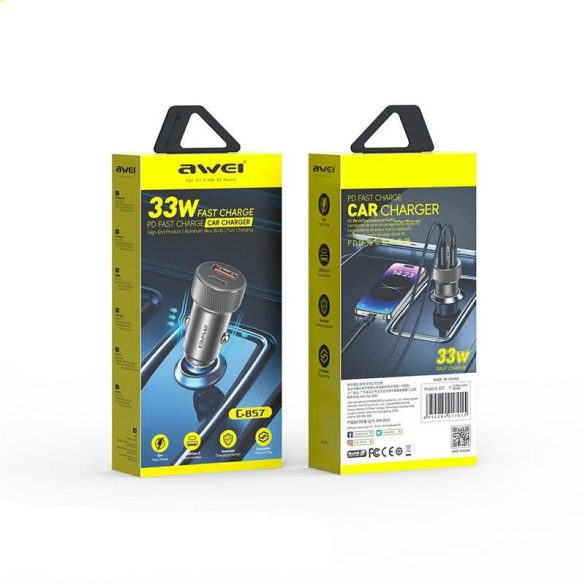 AWEI C-857 autós töltő 1xUSB-A és 1xUSB-C csatlakozással 33W - barna