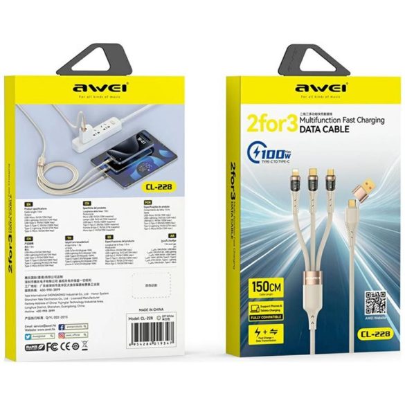 AWEI CL-228 USB-A/Type-C - Type-C/Lightning/micro USB kábel 100W 1.5m - fekete