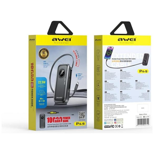 AWEI PA-9 powerbank 10000mAh 22.5W - fekete