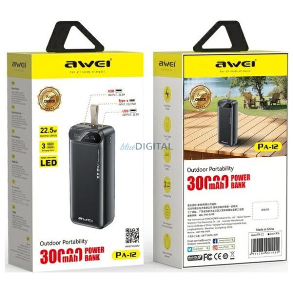 AWEI PA-12 powerbank 30000mAh 22.5W - fekete