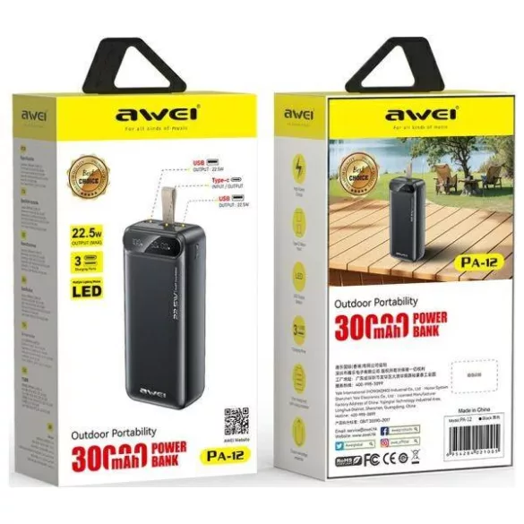 AWEI PA-12 powerbank 30000mAh 22.5W - fekete