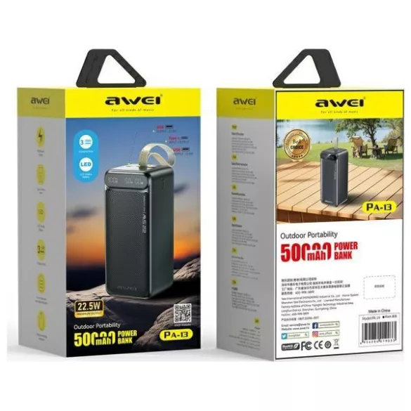 AWEI PA-13 powerbank 50000mAh 22.5W - fekete