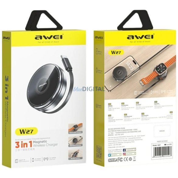 Indukciós töltő 3 1-ben AWEI W27 15W USB-C kábellel Gyors töltés fekete