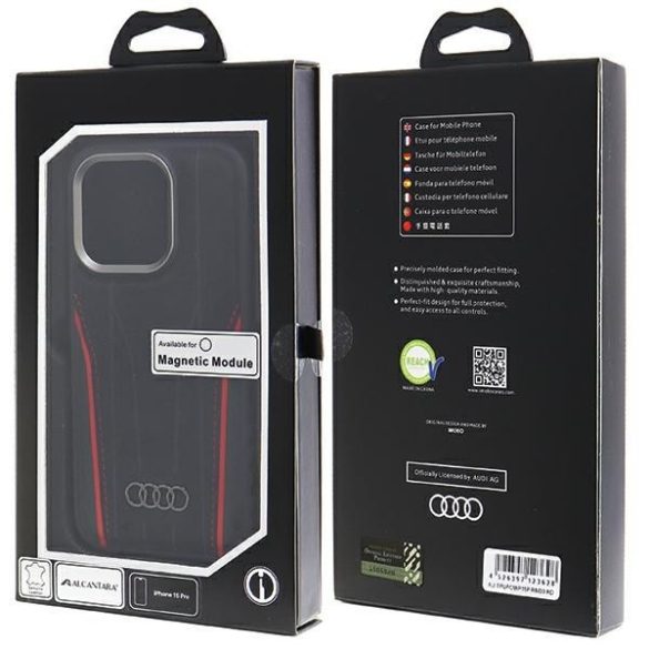 Audi AU-TPUPCMIP15P-R8/D3-RD valódi bőr MagSafe keménytok iPhone 15 Pro fekete-piros