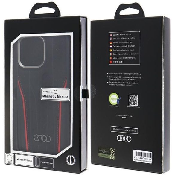 Audi AU-TPUPCMIP15PM-R8/D3-RD valódi bőr MagSafe keménytok iPhone 15 Pro Max fekete-piros