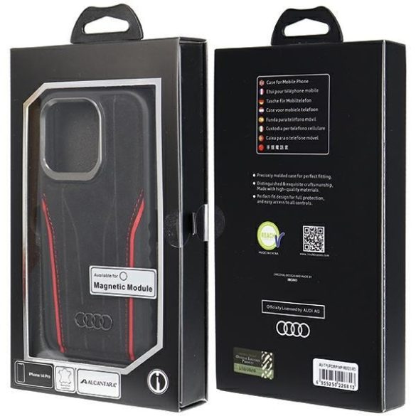 Audi AU-TPUPCMIP14P-R8/D3-RD valódi bőr MagSafe keménytok iPhone 14 Pro fekete-piros