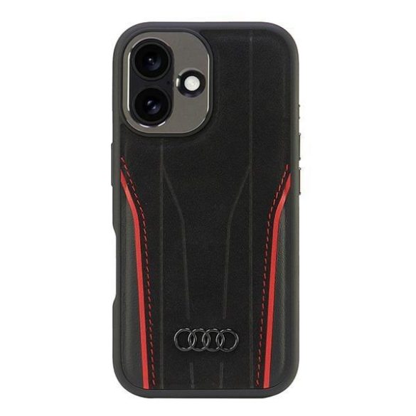 Audi AU-TPUPCMIP16-R8/D3-RD Genuine Leather MagSafe keménytok iPhone 16 - fekete-piros