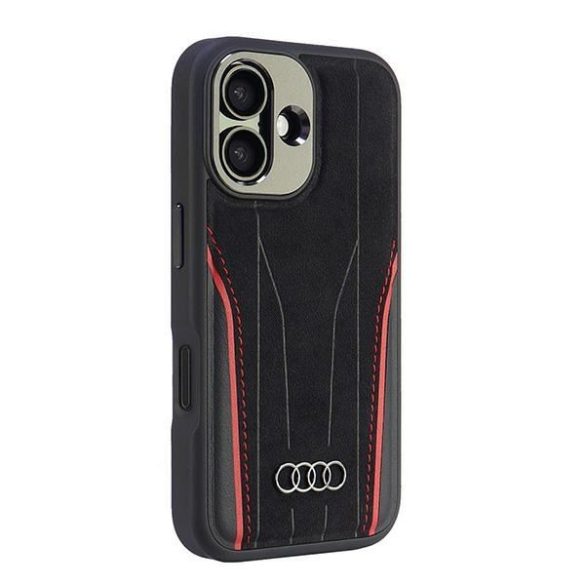 Audi AU-TPUPCMIP16-R8/D3-RD Genuine Leather MagSafe keménytok iPhone 16 - fekete-piros