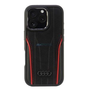 Audi AU-TPUPCMIP16P-R8/D3-RD Genuine Leather MagSafe keménytok iPhone 16 Pro - fekete-piros