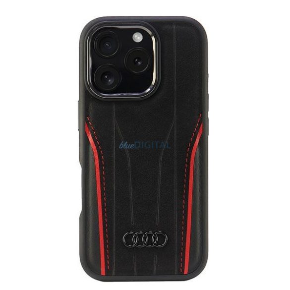 Audi AU-TPUPCMIP16P-R8/D3-RD Genuine Leather MagSafe keménytok iPhone 16 Pro - fekete-piros