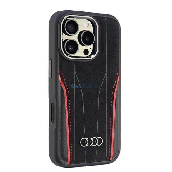 Audi AU-TPUPCMIP16P-R8/D3-RD Genuine Leather MagSafe keménytok iPhone 16 Pro - fekete-piros