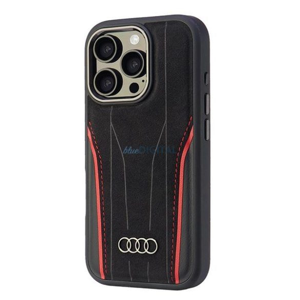 Audi AU-TPUPCMIP16P-R8/D3-RD Genuine Leather MagSafe keménytok iPhone 16 Pro - fekete-piros