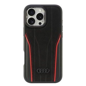 Audi AU-TPUPCMIP16PM-R8/D3-RD Genuine Leather MagSafe keménytok iPhone 16 Pro Max - fekete-piros