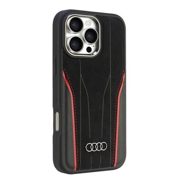 Audi AU-TPUPCMIP16PM-R8/D3-RD Genuine Leather MagSafe keménytok iPhone 16 Pro Max - fekete-piros