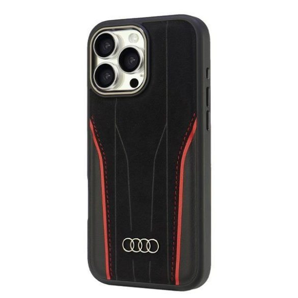 Audi AU-TPUPCMIP16PM-R8/D3-RD Genuine Leather MagSafe keménytok iPhone 16 Pro Max - fekete-piros