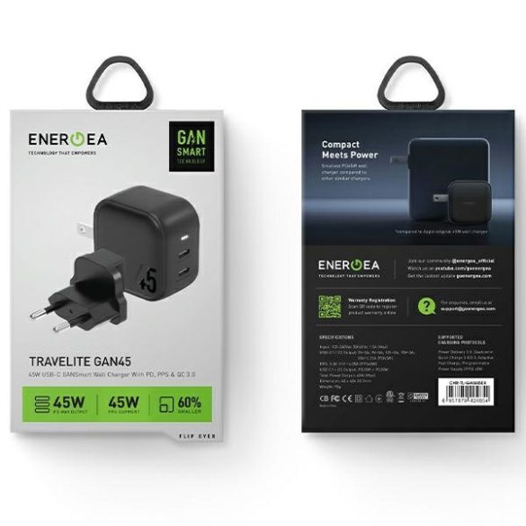 ENERGEA töltő 2xUSB-C PD-PPS 45W 2C fekete US+EU Travelite GAN45