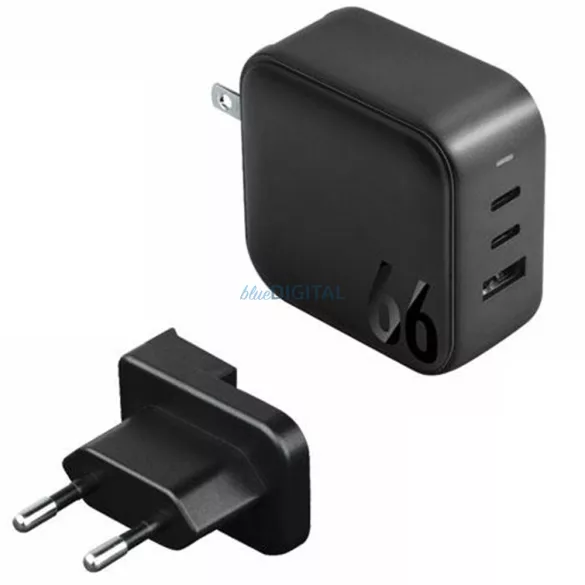 ENERGEA Travelite GAN66 hálózati töltő 1xUSB+2xUSB-C PD-PPS-QC 3.0 66W 2C1A US+EU - fekete