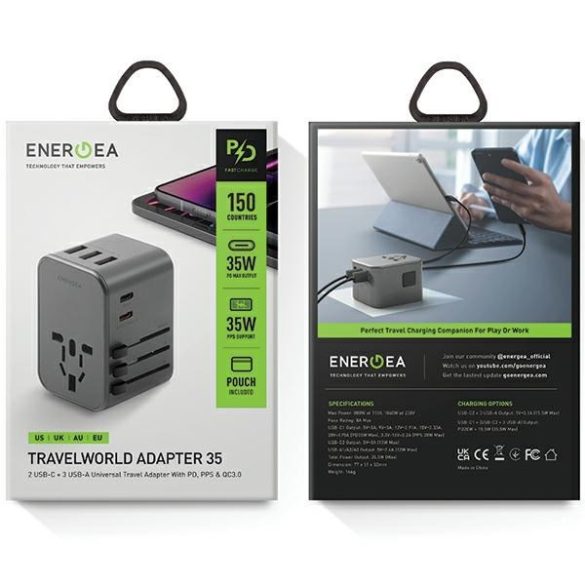 ENERGEA hálózati töltő 3xUSB+2xUSB-C PD-PPS-QC 3.0 35.5W 3A2C adapter 4in1 US/UA/EU/UK szürke Travelworld