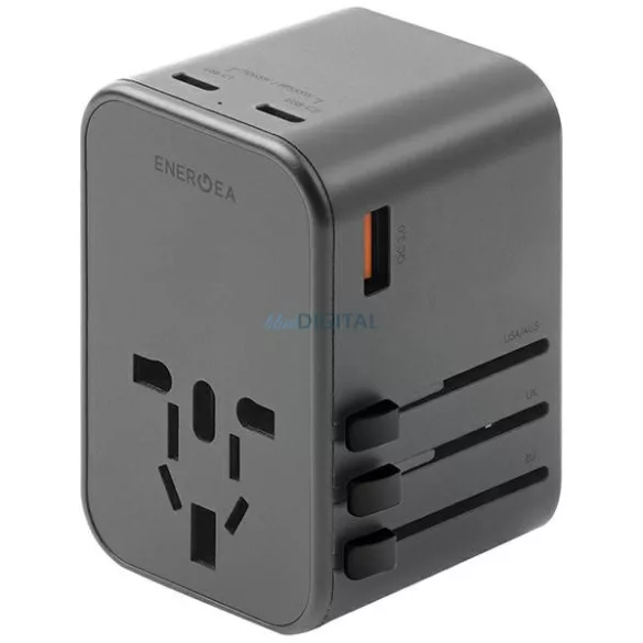 ENERGEA Wall Charger 1xUSB + 2xUSB-C PD-PPS-QC 3.0 65W 1A2C 4-in-1 Adapter US/AU/EU/UK Gunmetal Trav