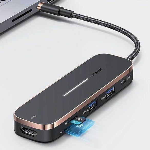 USAMS adapter HUB 2xUSB + USB-C + HDMI + Micro SD+SD fekete