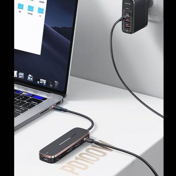 USAMS adapter HUB 2xUSB + USB-C + HDMI + Micro SD+SD fekete