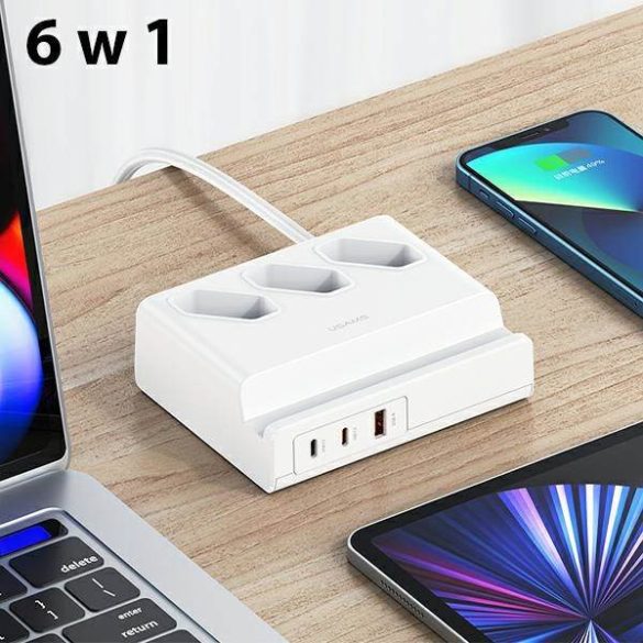 USAMS Power strip 65W Super Si gyorstöltés USB hosszabbító aljzat EU fehér CC160TC01 (US-CC160)