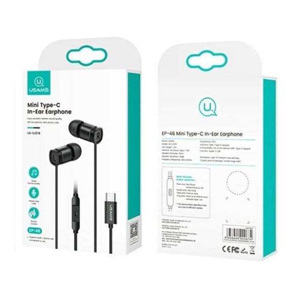 USAMS sztereó fejhallgató EP-46 USB-C fekete 1,2m HSEP4603