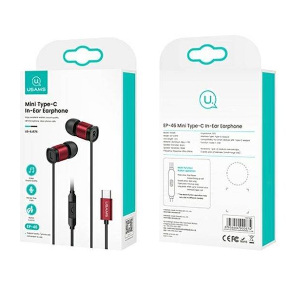 USAMS sztereó fejhallgató EP-46 USB-C piros 1,2m HSEP4604