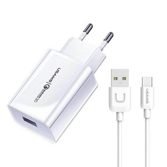 USAMS töltő 1xUSB T22 18W 3A QC3.0 + kábel USB-C 1m fehér (T48) T48OCLN01