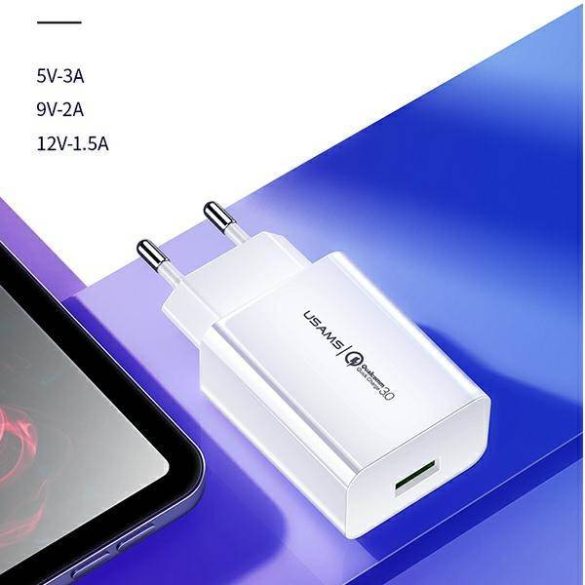 USAMS töltő 1xUSB T22 18W 3A QC3.0 + kábel USB-C 1m fehér (T48) T48OCLN01