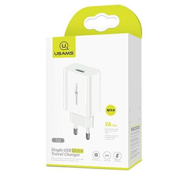 USAMS töltő 1xUSB T22 18W 3A QC3.0 + kábel USB-C 1m fehér (T48) T48OCLN01