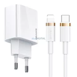   USAMS hálózati töltő 1xUSB-C T34 20 W 5 V-3APD3.0 + U63 USB-C–Lightning kábel 20 W, fehér (T49) T49