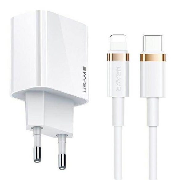 USAMS töltő 1xUSB-C T34 20W 5V-3A PD3.0 + kábel U63 USB-C lightning 20W fehér (T49) T49OCLN01