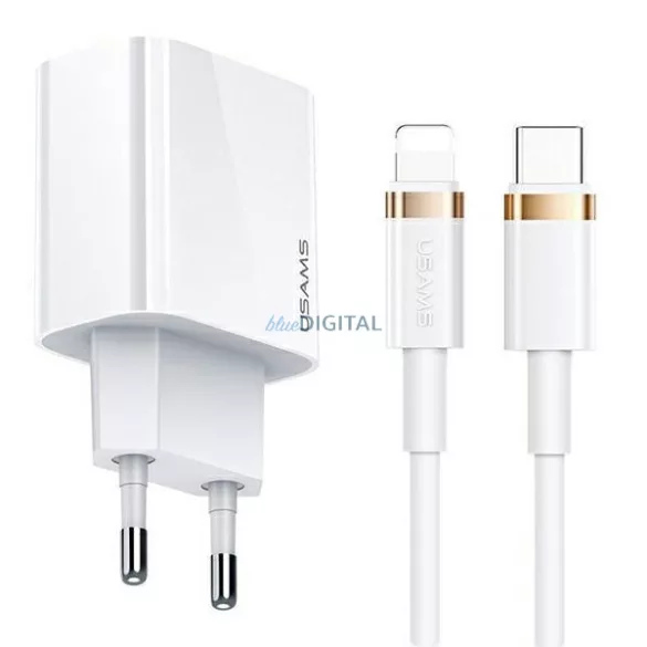 USAMS hálózati töltő 1xUSB-C T34 20 W 5 V-3APD3.0 + U63 USB-C–Lightning kábel 20 W, fehér (T49) T49