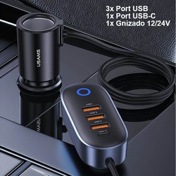 USAMS autós töltő 3xUSB 1xUSB-C 156W fekete CC161CC01 (US-CC161)